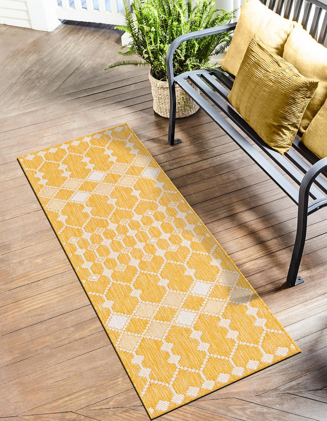Yellow 2' x 8' Outdoor Trellis Runner Area Rug Weather Resistant for Patio, Deck, Terrace, Balcony, Porch Geometric Design Water Safe Outside Carpet for Sale at Rug Engine