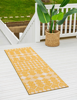 Yellow 2' x 6' 1 Outdoor Trellis Runner Area Rug Weather Resistant for Patio, Deck, Terrace, Balcony, Porch Geometric Design Water Safe Outside Carpet for Sale at Rug Engine