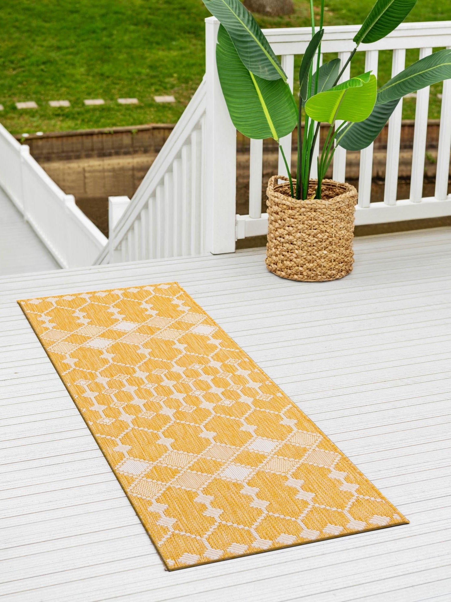 Yellow 2' 7 x 10' Outdoor Trellis Runner Area Rug Weather Resistant for Patio, Deck, Terrace, Balcony, Porch Geometric Design Water Safe Outside Carpet for Sale at Rug Engine
