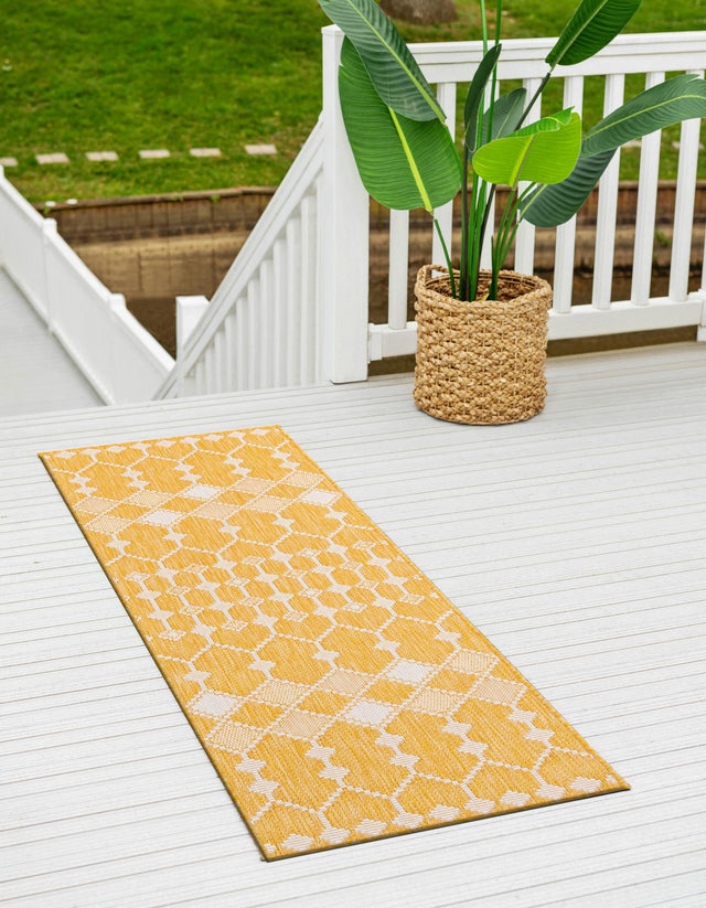 Yellow 2' 7 x 10' Outdoor Trellis Runner Area Rug Weather Resistant for Patio, Deck, Terrace, Balcony, Porch Geometric Design Water Safe Outside Carpet for Sale at Rug Engine