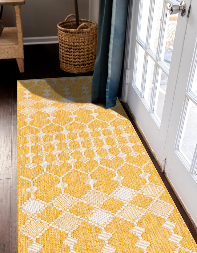 Yellow 2' x 8' Outdoor Trellis Runner Area Rug Weather Resistant for Patio, Deck, Terrace, Balcony, Porch Geometric Design Water Safe Outside Carpet for Sale at Rug Engine