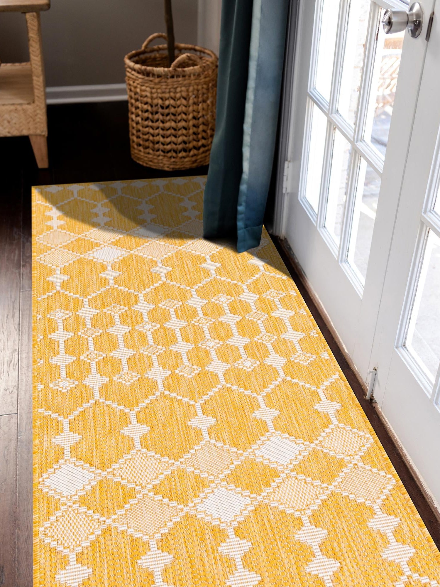 Yellow 2' x 6' 1 Outdoor Trellis Runner Area Rug Weather Resistant for Patio, Deck, Terrace, Balcony, Porch Geometric Design Water Safe Outside Carpet for Sale at Rug Engine