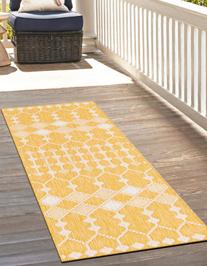 Yellow 2' 7 x 10' Outdoor Trellis Runner Area Rug Weather Resistant for Patio, Deck, Terrace, Balcony, Porch Geometric Design Water Safe Outside Carpet for Sale at Rug Engine