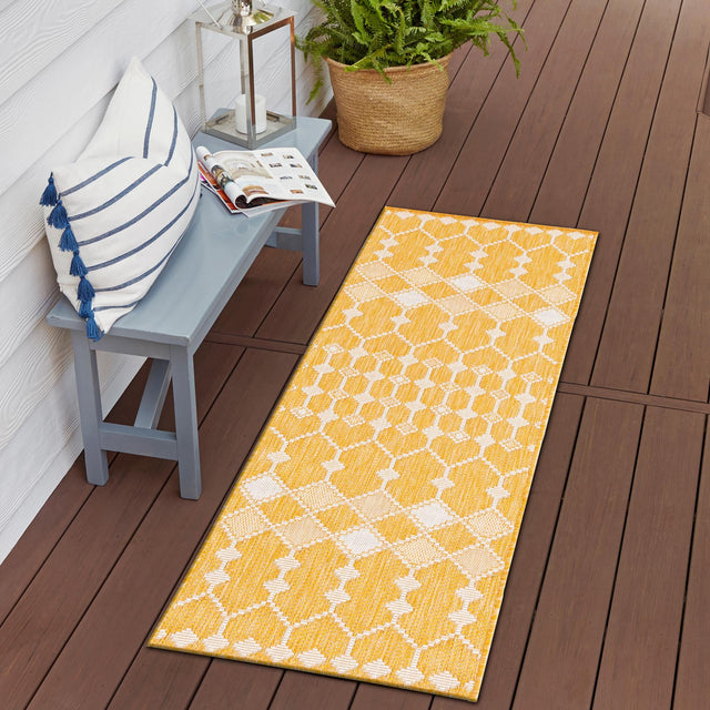 Yellow 2' x 8' Outdoor Trellis Runner Area Rug Weather Resistant for Patio, Deck, Terrace, Balcony, Porch Geometric Design Water Safe Outside Carpet for Sale at Rug Engine