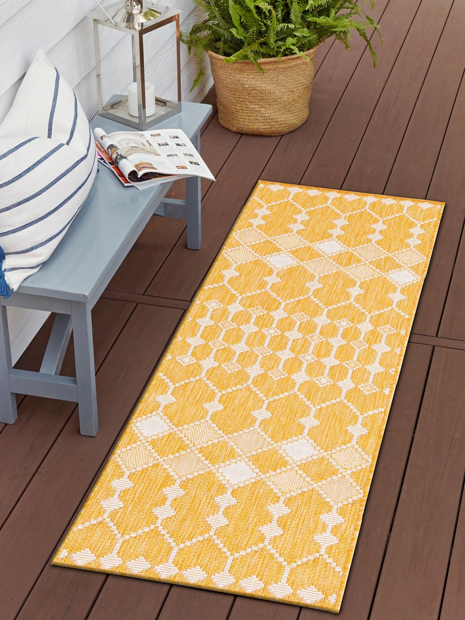 Yellow 2' x 6' 1 Outdoor Trellis Runner Area Rug Weather Resistant for Patio, Deck, Terrace, Balcony, Porch Geometric Design Water Safe Outside Carpet for Sale at Rug Engine