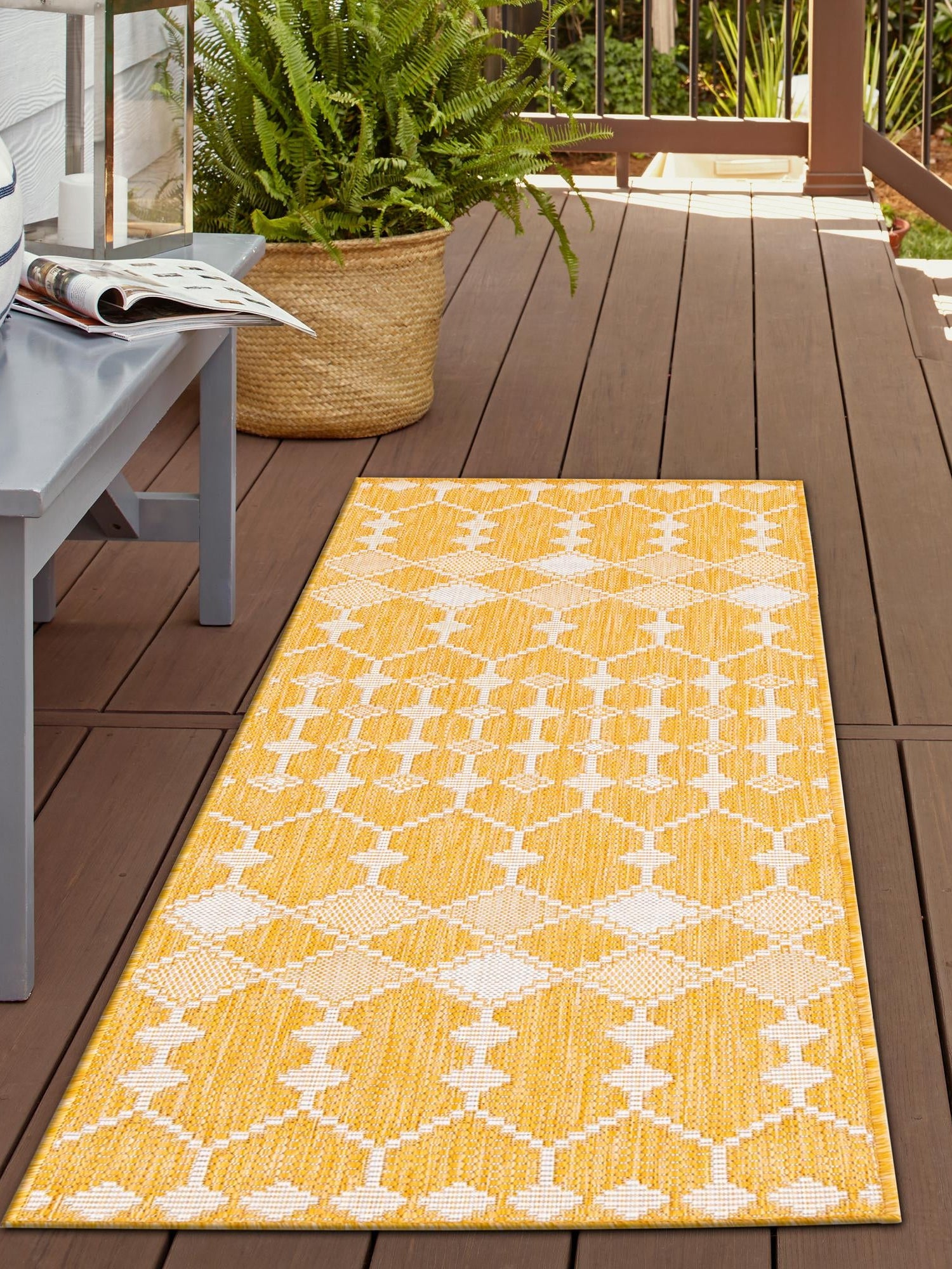 Yellow 2' x 6' 1 Outdoor Trellis Runner Area Rug Weather Resistant for Patio, Deck, Terrace, Balcony, Porch Geometric Design Water Safe Outside Carpet for Sale at Rug Engine