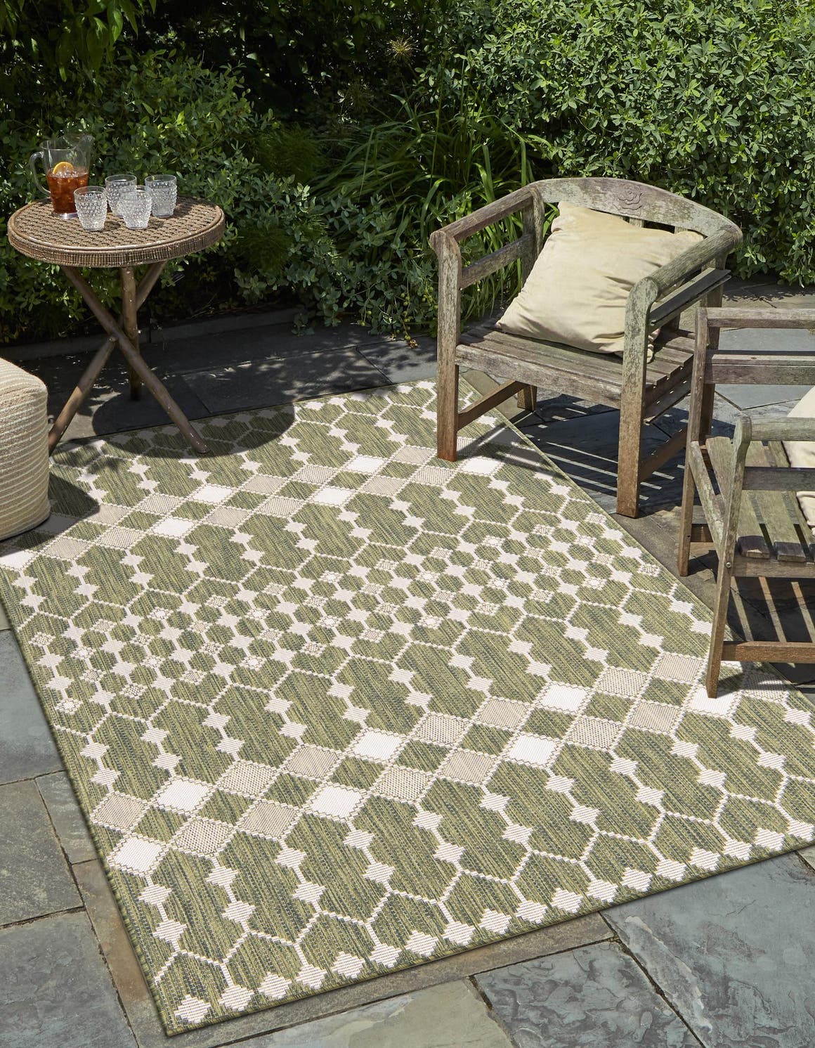 Green 5' 3 x 8' Outdoor Trellis Rectangle Area Rug Weather Resistant for Patio, Deck, Terrace, Balcony, Porch Geometric Design Water Safe Outside Carpet for Sale at Rug Engine
