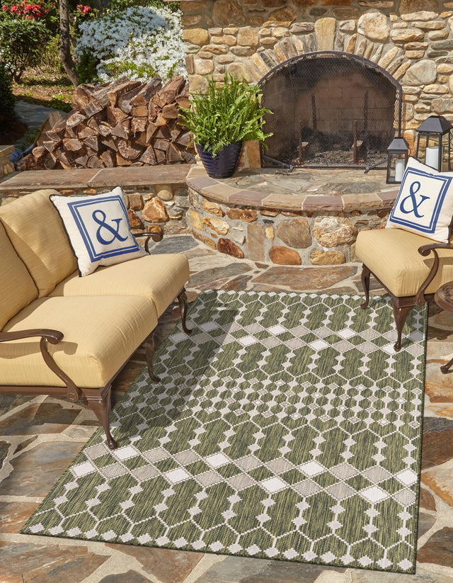 Green 9' x 12' Outdoor Trellis Rectangle Area Rug Weather Resistant for Patio, Deck, Terrace, Balcony, Porch Geometric Design Water Safe Outside Carpet for Sale at Rug Engine