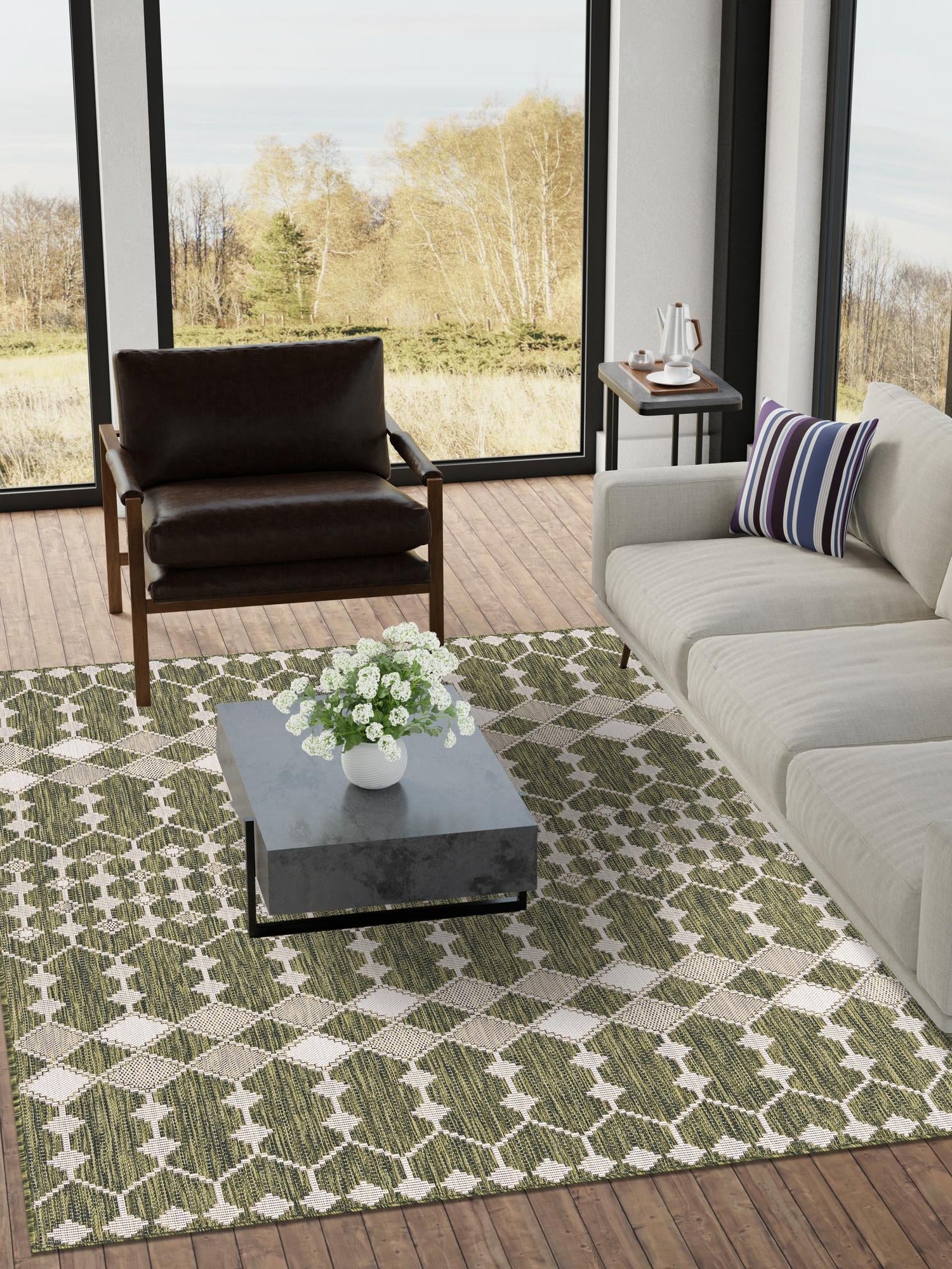 Green 4' 1 x 6' 1 Outdoor Trellis Rectangle Area Rug Weather Resistant for Patio, Deck, Terrace, Balcony, Porch Geometric Design Water Safe Outside Carpet for Sale at Rug Engine