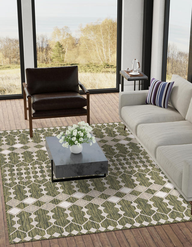 Green 9' x 12' Outdoor Trellis Rectangle Area Rug Weather Resistant for Patio, Deck, Terrace, Balcony, Porch Geometric Design Water Safe Outside Carpet for Sale at Rug Engine