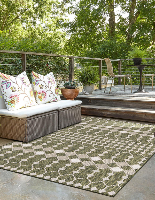 Green 9' x 12' Outdoor Trellis Rectangle Area Rug Weather Resistant for Patio, Deck, Terrace, Balcony, Porch Geometric Design Water Safe Outside Carpet for Sale at Rug Engine