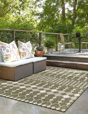 Green 4' 1 x 6' 1 Outdoor Trellis Rectangle Area Rug Weather Resistant for Patio, Deck, Terrace, Balcony, Porch Geometric Design Water Safe Outside Carpet for Sale at Rug Engine