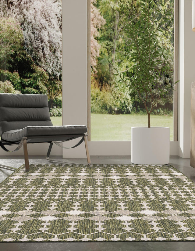 Green 9' x 12' Outdoor Trellis Rectangle Area Rug Weather Resistant for Patio, Deck, Terrace, Balcony, Porch Geometric Design Water Safe Outside Carpet for Sale at Rug Engine