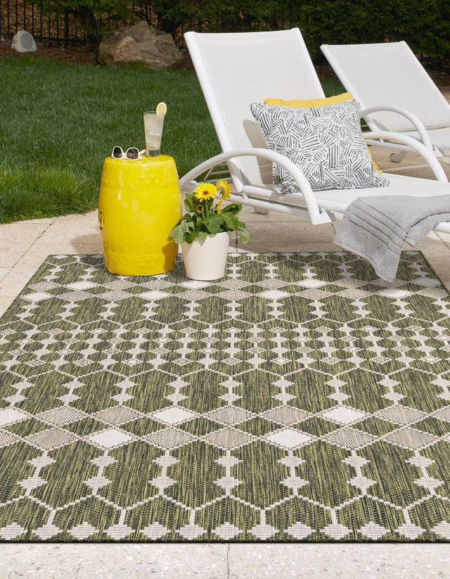 Green 9' x 12' Outdoor Trellis Rectangle Area Rug Weather Resistant for Patio, Deck, Terrace, Balcony, Porch Geometric Design Water Safe Outside Carpet for Sale at Rug Engine