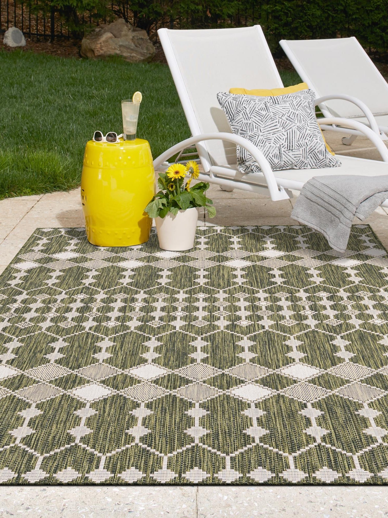 Green 7' 10 x 11' Outdoor Trellis Rectangle Area Rug Weather Resistant for Patio, Deck, Terrace, Balcony, Porch Geometric Design Water Safe Outside Carpet for Sale at Rug Engine