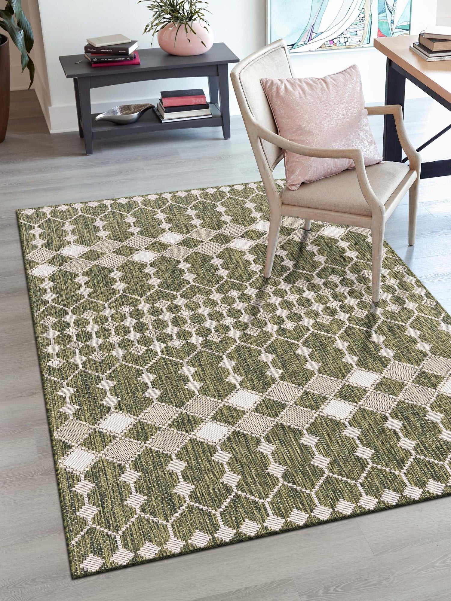 Green 2' x 3' 1 Outdoor Trellis Rectangle Area Rug Weather Resistant for Patio, Deck, Terrace, Balcony, Porch Geometric Design Water Safe Outside Carpet for Sale at Rug Engine