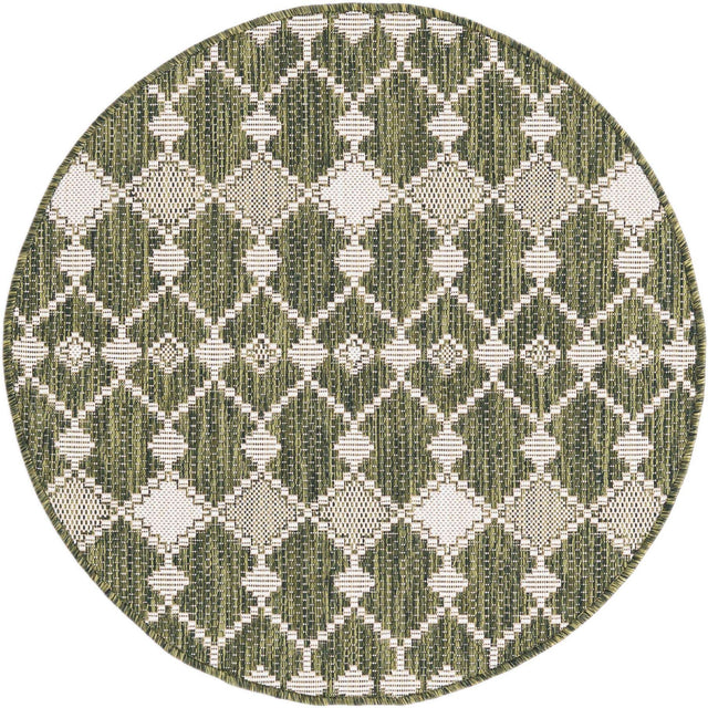 Green 3' 1 x 3' 1 Outdoor Trellis Round Area Rug Weather Resistant for Patio, Deck, Terrace, Balcony, Porch Geometric Design Water Safe Outside Carpet for Sale at Rug Engine