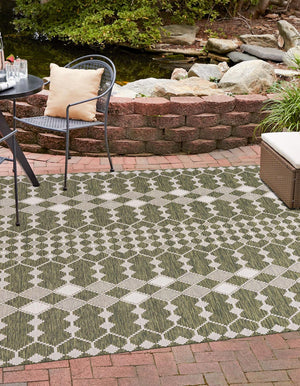Green 10' x 10' Outdoor Trellis Square Area Rug Weather Resistant for Patio, Deck, Terrace, Balcony, Porch Geometric Design Water Safe Outside Carpet for Sale at Rug Engine