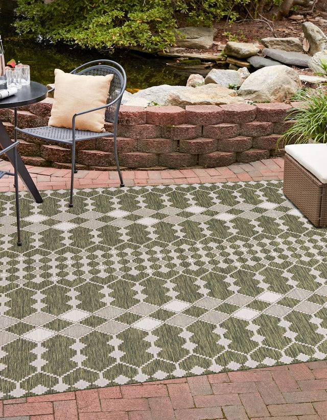 Green 10' x 10' Outdoor Trellis Square Area Rug Weather Resistant for Patio, Deck, Terrace, Balcony, Porch Geometric Design Water Safe Outside Carpet for Sale at Rug Engine