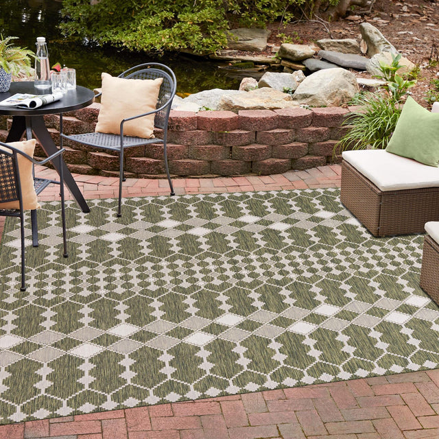 Green 10' x 10' Outdoor Trellis Square Area Rug Weather Resistant for Patio, Deck, Terrace, Balcony, Porch Geometric Design Water Safe Outside Carpet for Sale at Rug Engine