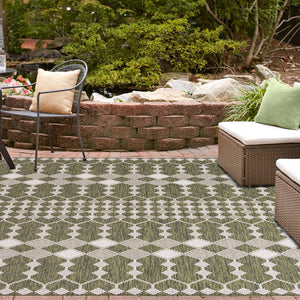 Green 10' x 10' Outdoor Trellis Square Area Rug Weather Resistant for Patio, Deck, Terrace, Balcony, Porch Geometric Design Water Safe Outside Carpet for Sale at Rug Engine