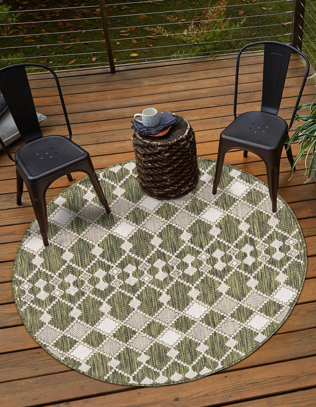 Green 10' x 10' Outdoor Trellis Round Area Rug Weather Resistant for Patio, Deck, Terrace, Balcony, Porch Geometric Design Water Safe Outside Carpet for Sale at Rug Engine