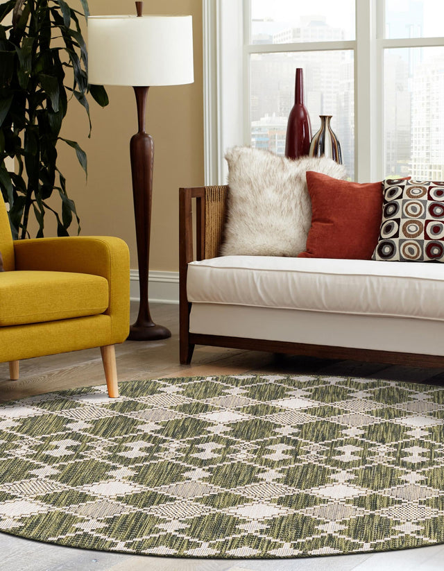 Green 3' 1 x 3' 1 Outdoor Trellis Round Area Rug Weather Resistant for Patio, Deck, Terrace, Balcony, Porch Geometric Design Water Safe Outside Carpet for Sale at Rug Engine