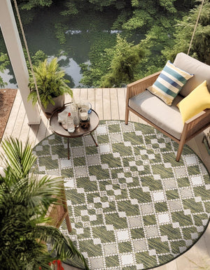 Green 3' 1 x 3' 1 Outdoor Trellis Round Area Rug Weather Resistant for Patio, Deck, Terrace, Balcony, Porch Geometric Design Water Safe Outside Carpet for Sale at Rug Engine