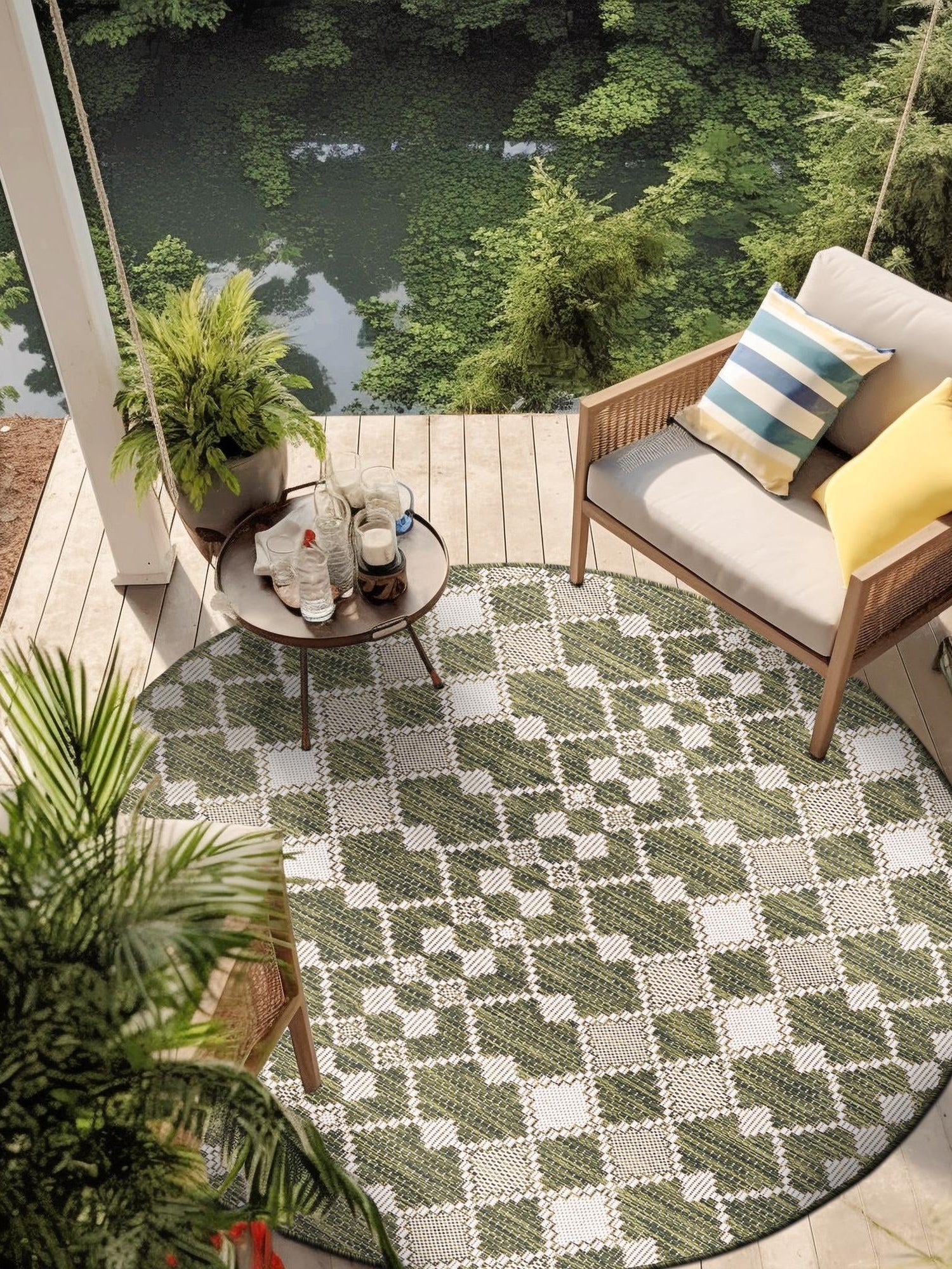 Green 10' x 10' Outdoor Trellis Round Area Rug Weather Resistant for Patio, Deck, Terrace, Balcony, Porch Geometric Design Water Safe Outside Carpet for Sale at Rug Engine