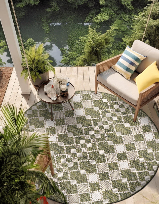 Green 10' x 10' Outdoor Trellis Round Area Rug Weather Resistant for Patio, Deck, Terrace, Balcony, Porch Geometric Design Water Safe Outside Carpet for Sale at Rug Engine