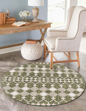 Green 4' 1 x 4' 1 Outdoor Trellis Round Area Rug Weather Resistant for Patio, Deck, Terrace, Balcony, Porch Geometric Design Water Safe Outside Carpet for Sale at Rug Engine