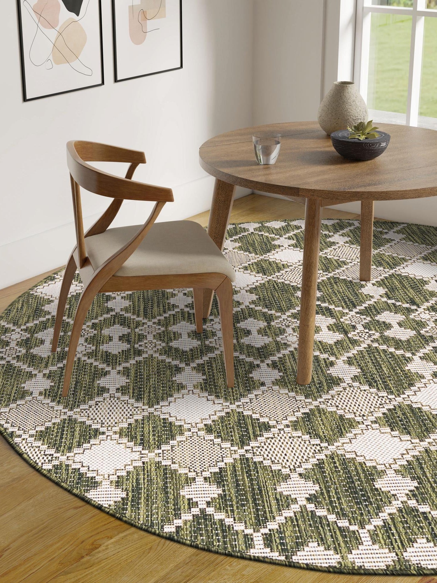 Green 3' 1 x 3' 1 Outdoor Trellis Round Area Rug Weather Resistant for Patio, Deck, Terrace, Balcony, Porch Geometric Design Water Safe Outside Carpet for Sale at Rug Engine