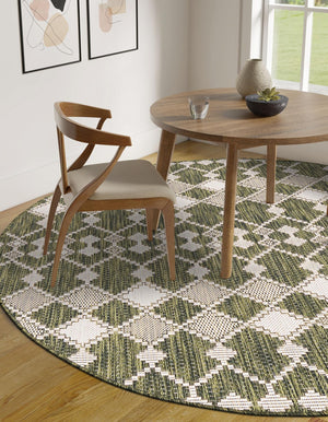 Green 3' 1 x 3' 1 Outdoor Trellis Round Area Rug Weather Resistant for Patio, Deck, Terrace, Balcony, Porch Geometric Design Water Safe Outside Carpet for Sale at Rug Engine