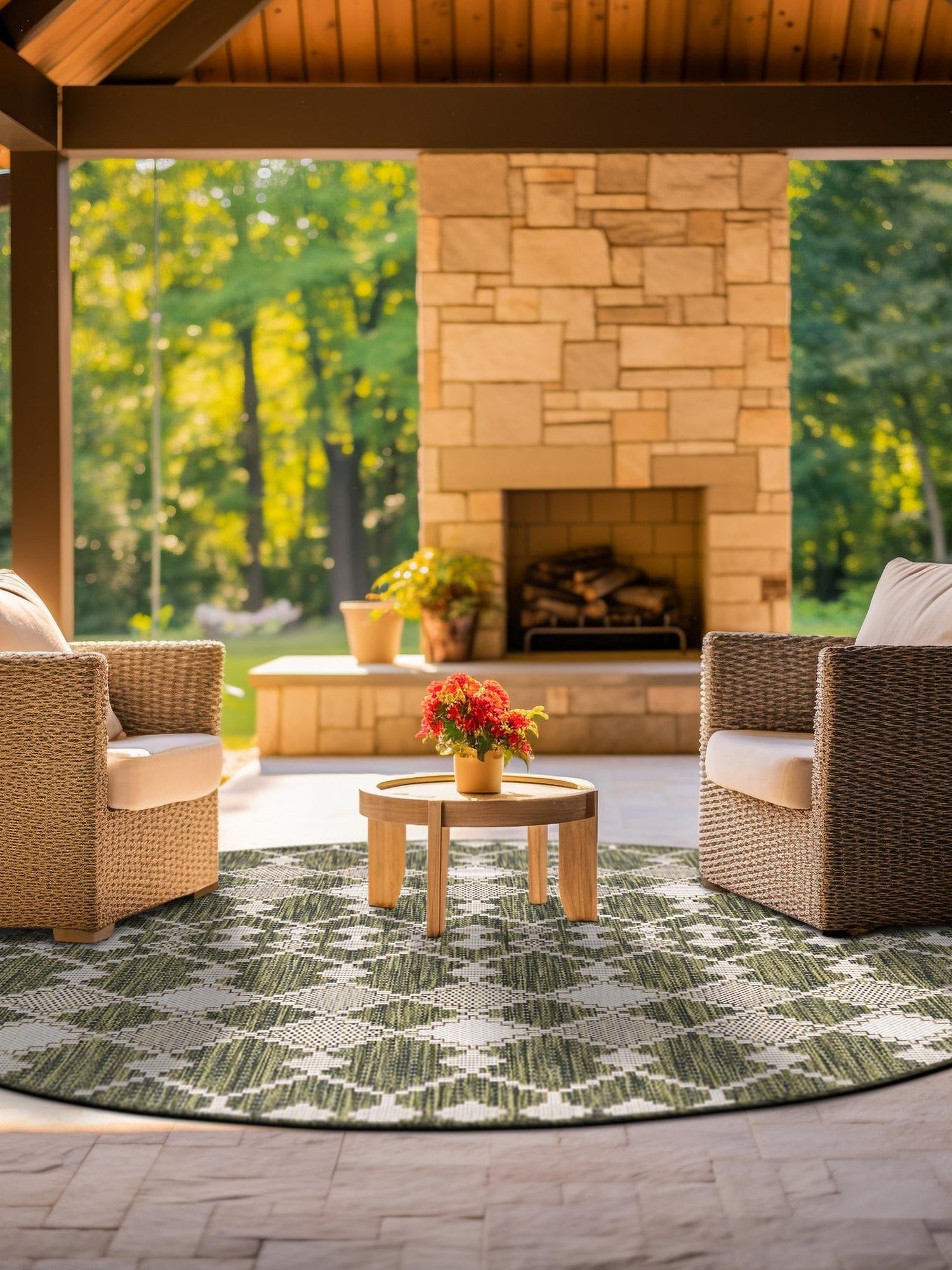 Green 10' x 10' Outdoor Trellis Round Area Rug Weather Resistant for Patio, Deck, Terrace, Balcony, Porch Geometric Design Water Safe Outside Carpet for Sale at Rug Engine