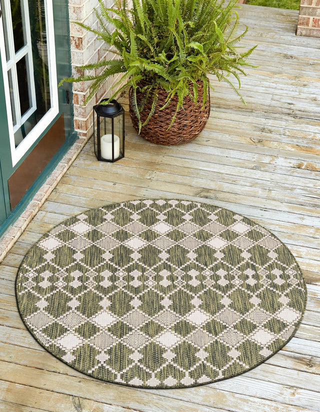 Green 4' 1 x 4' 1 Outdoor Trellis Round Area Rug Weather Resistant for Patio, Deck, Terrace, Balcony, Porch Geometric Design Water Safe Outside Carpet for Sale at Rug Engine