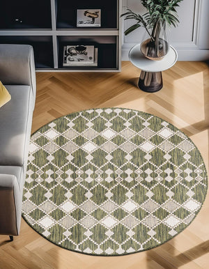 Green 4' 1 x 4' 1 Outdoor Trellis Round Area Rug Weather Resistant for Patio, Deck, Terrace, Balcony, Porch Geometric Design Water Safe Outside Carpet for Sale at Rug Engine