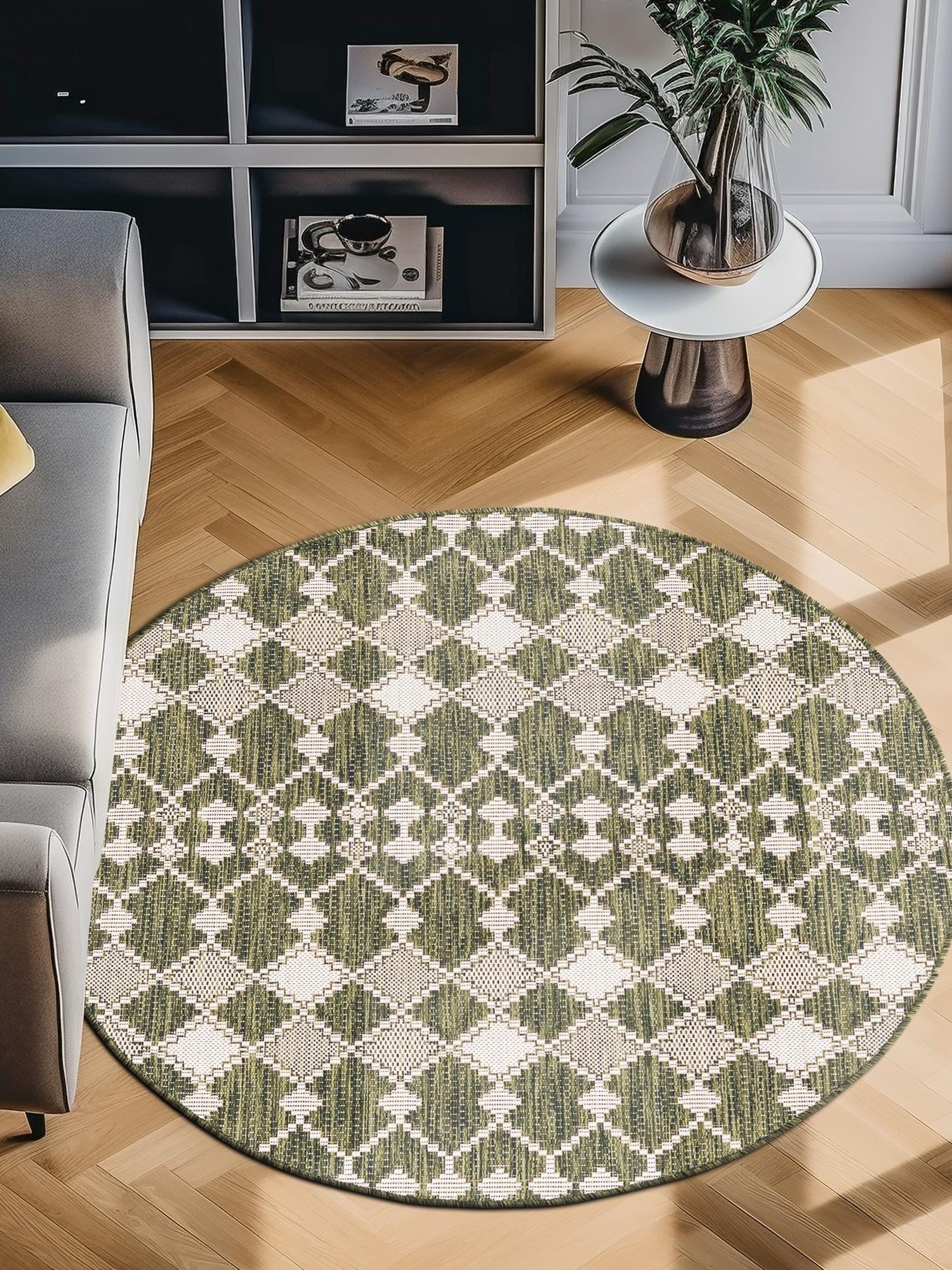 Green 3' 1 x 3' 1 Outdoor Trellis Round Area Rug Weather Resistant for Patio, Deck, Terrace, Balcony, Porch Geometric Design Water Safe Outside Carpet for Sale at Rug Engine