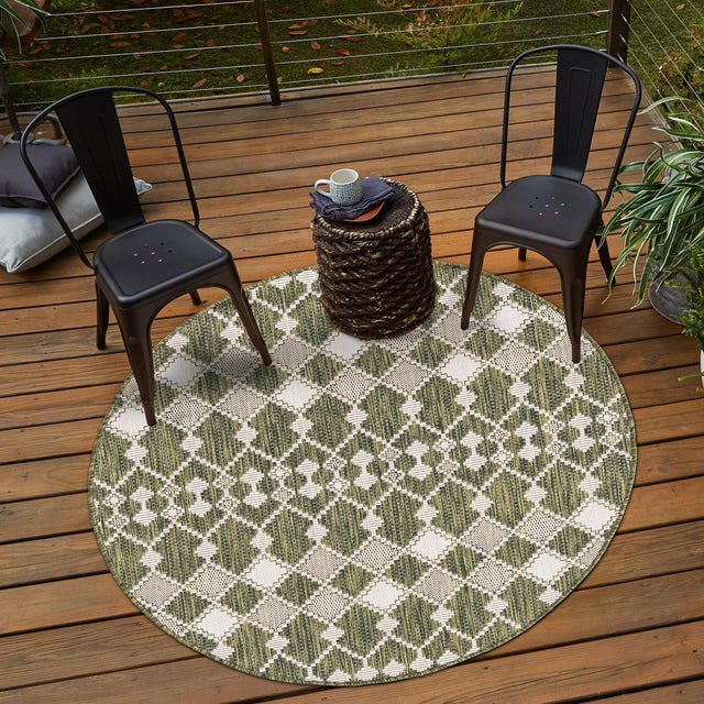 Green 3' 1 x 3' 1 Outdoor Trellis Round Area Rug Weather Resistant for Patio, Deck, Terrace, Balcony, Porch Geometric Design Water Safe Outside Carpet for Sale at Rug Engine