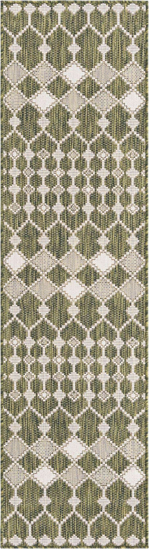 Green 2' x 8' Outdoor Trellis Runner Area Rug Weather Resistant for Patio, Deck, Terrace, Balcony, Porch Geometric Design Water Safe Outside Carpet for Sale at Rug Engine