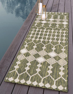 Green 2' x 8' Outdoor Trellis Runner Area Rug Weather Resistant for Patio, Deck, Terrace, Balcony, Porch Geometric Design Water Safe Outside Carpet for Sale at Rug Engine