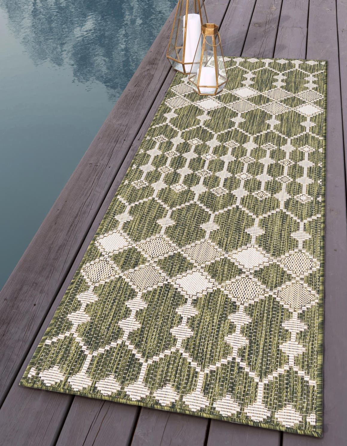 Green 2' x 6' 1 Outdoor Trellis Runner Area Rug Weather Resistant for Patio, Deck, Terrace, Balcony, Porch Geometric Design Water Safe Outside Carpet for Sale at Rug Engine