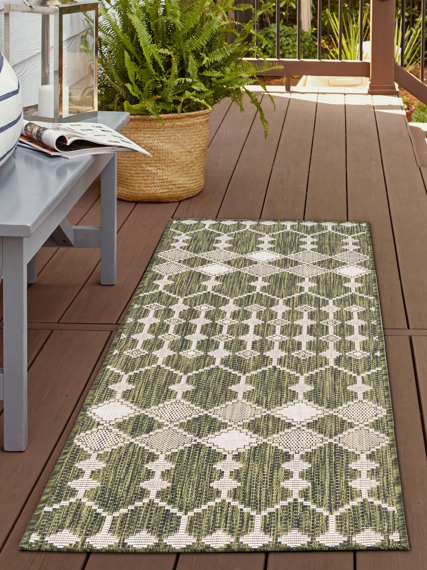 Green 2' 7 x 10' Outdoor Trellis Runner Area Rug Weather Resistant for Patio, Deck, Terrace, Balcony, Porch Geometric Design Water Safe Outside Carpet for Sale at Rug Engine