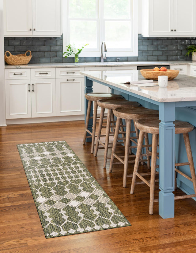 Green 2' x 6' 1 Outdoor Trellis Runner Area Rug Weather Resistant for Patio, Deck, Terrace, Balcony, Porch Geometric Design Water Safe Outside Carpet for Sale at Rug Engine