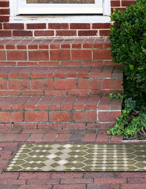 Green 2' x 8' Outdoor Trellis Runner Area Rug Weather Resistant for Patio, Deck, Terrace, Balcony, Porch Geometric Design Water Safe Outside Carpet for Sale at Rug Engine