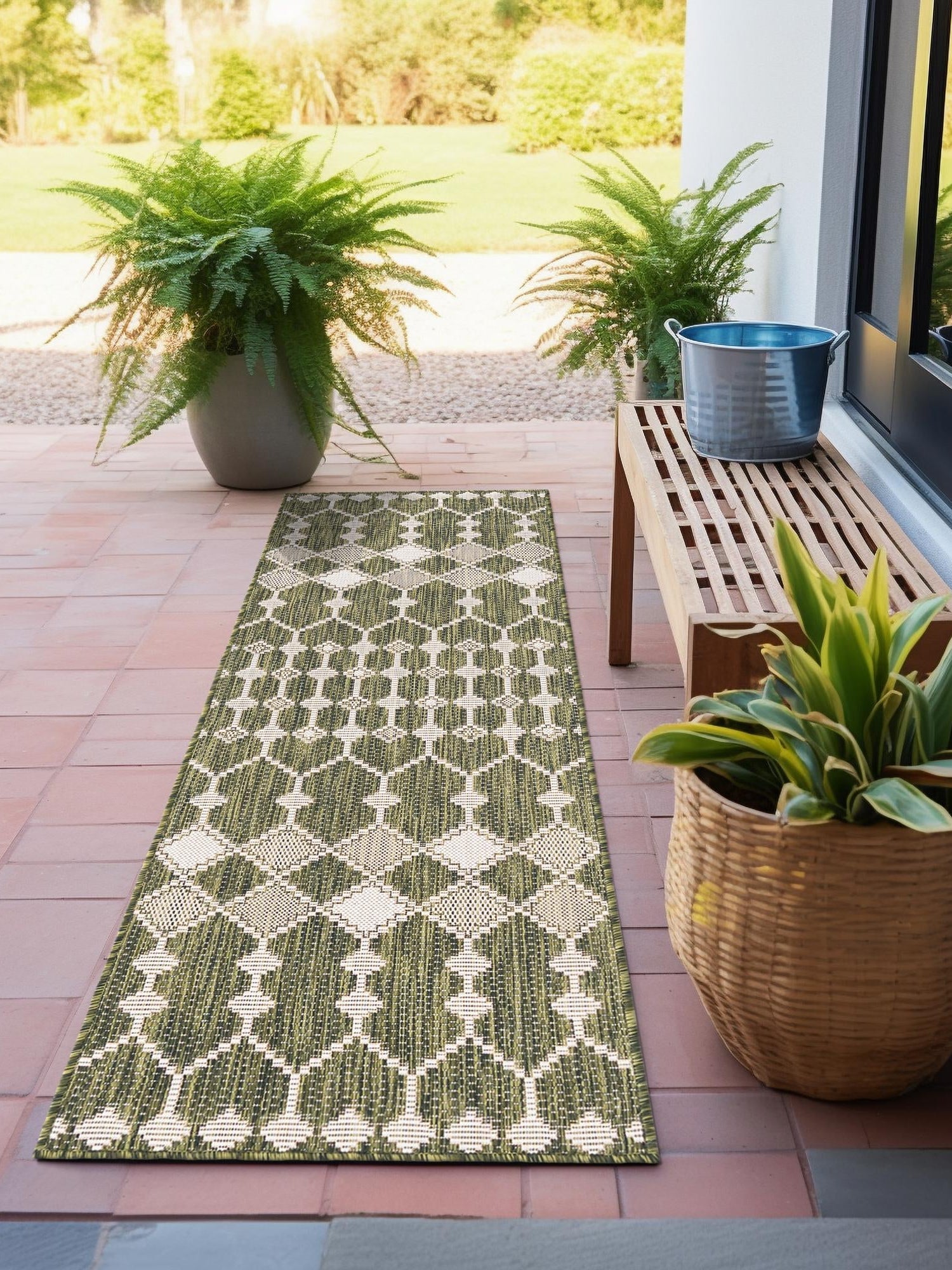 Green 2' 7 x 10' Outdoor Trellis Runner Area Rug Weather Resistant for Patio, Deck, Terrace, Balcony, Porch Geometric Design Water Safe Outside Carpet for Sale at Rug Engine