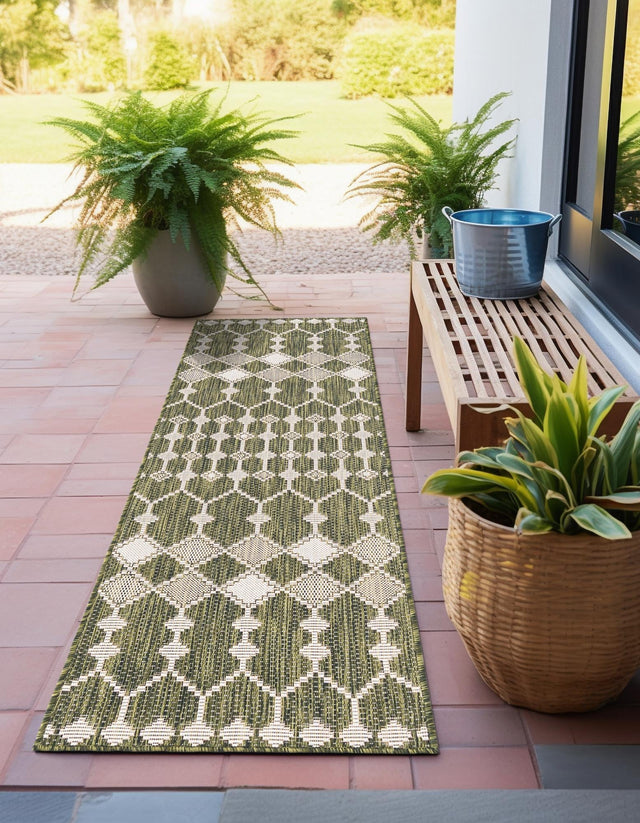 Green 2' 7 x 10' Outdoor Trellis Runner Area Rug Weather Resistant for Patio, Deck, Terrace, Balcony, Porch Geometric Design Water Safe Outside Carpet for Sale at Rug Engine