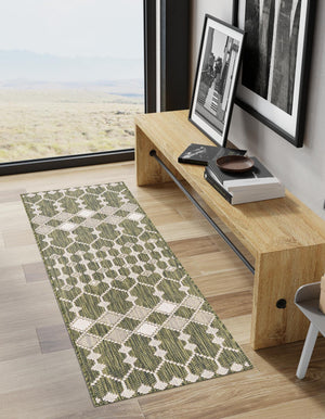 Green 2' x 8' Outdoor Trellis Runner Area Rug Weather Resistant for Patio, Deck, Terrace, Balcony, Porch Geometric Design Water Safe Outside Carpet for Sale at Rug Engine