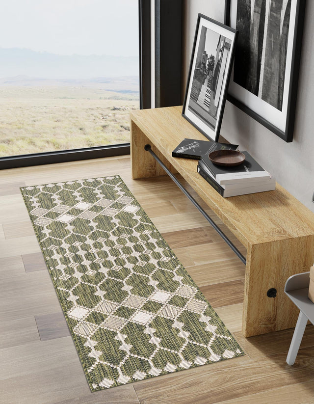 Green 2' x 6' 1 Outdoor Trellis Runner Area Rug Weather Resistant for Patio, Deck, Terrace, Balcony, Porch Geometric Design Water Safe Outside Carpet for Sale at Rug Engine
