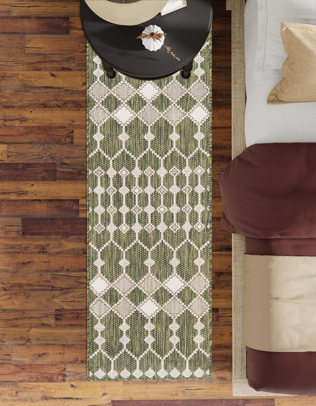 Green 2' x 8' Outdoor Trellis Runner Area Rug Weather Resistant for Patio, Deck, Terrace, Balcony, Porch Geometric Design Water Safe Outside Carpet for Sale at Rug Engine