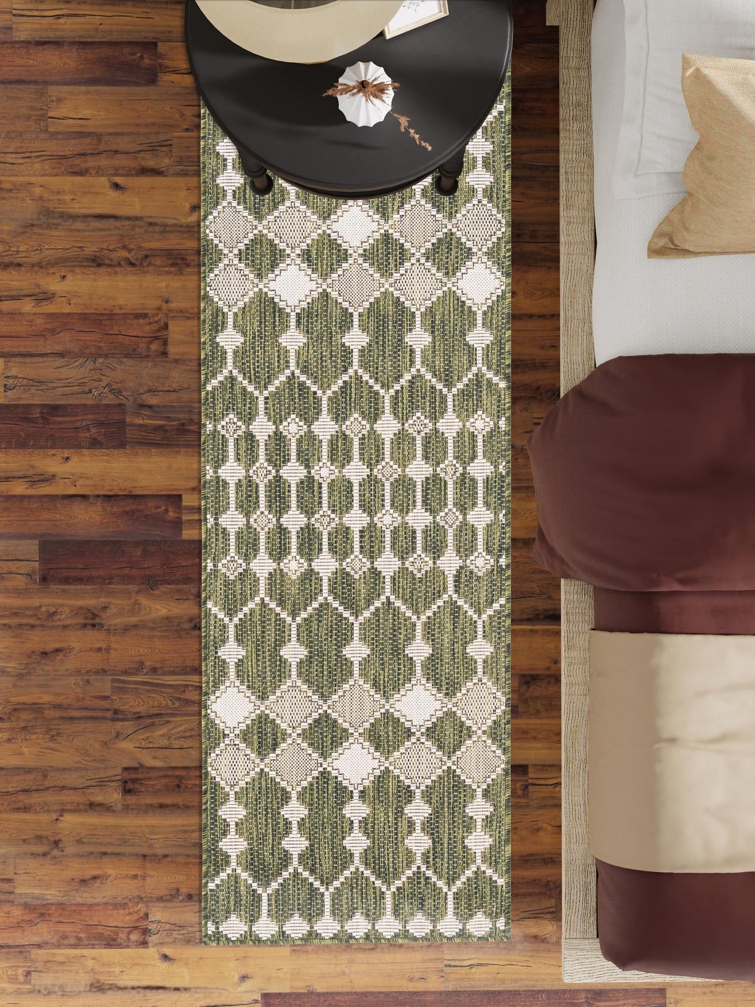 Green 2' 7 x 10' Outdoor Trellis Runner Area Rug Weather Resistant for Patio, Deck, Terrace, Balcony, Porch Geometric Design Water Safe Outside Carpet for Sale at Rug Engine